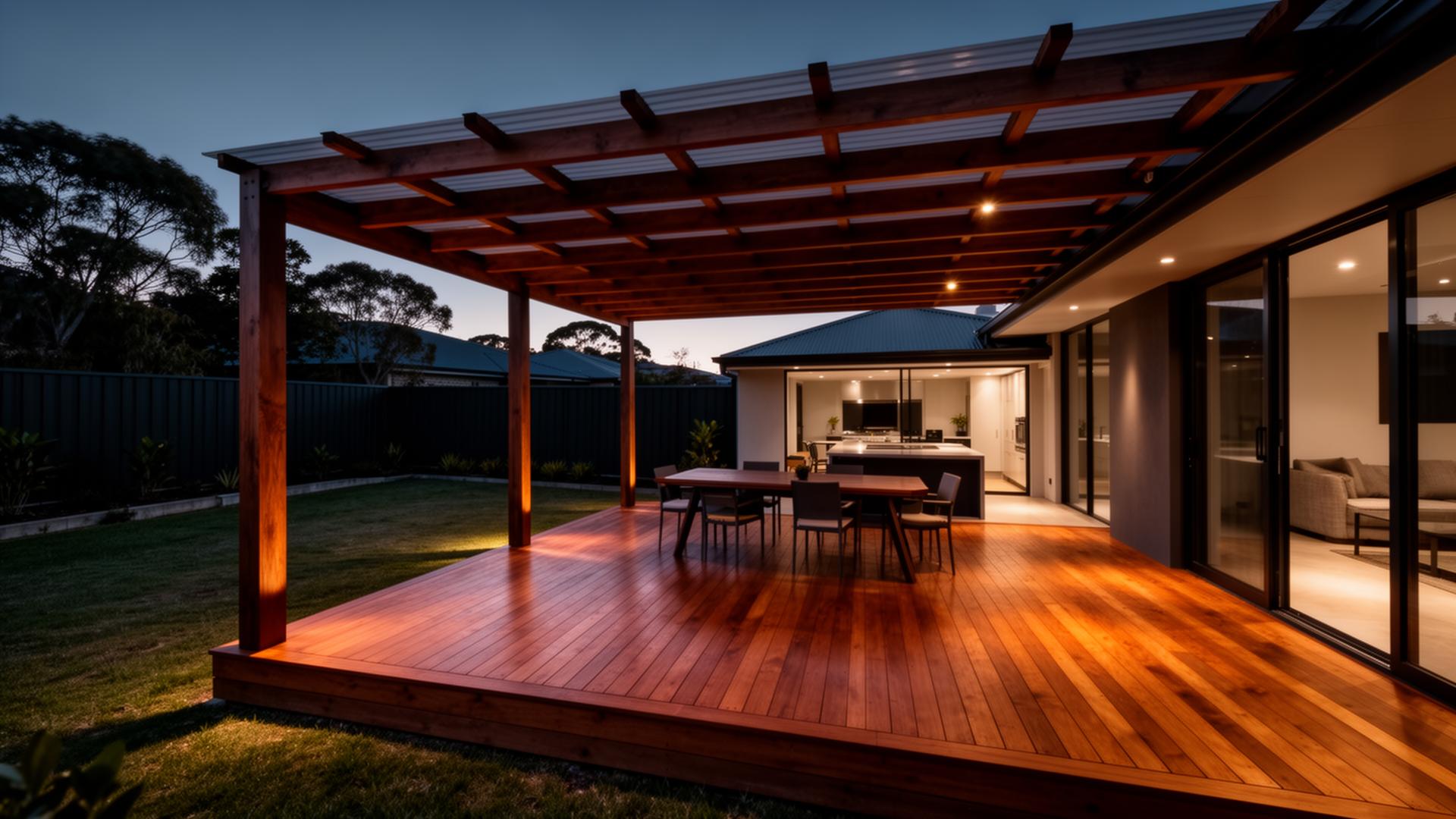 Modern timber deck and pergola at dusk